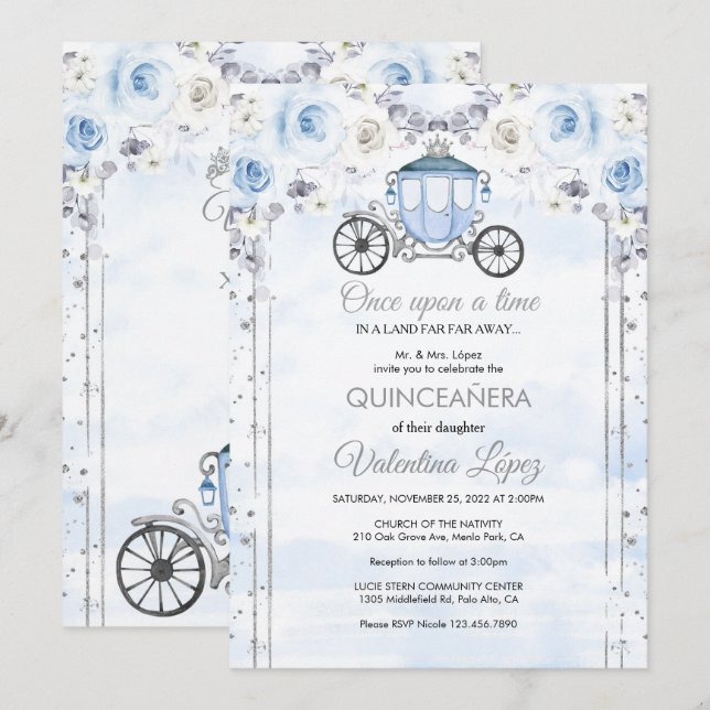 Invitation Bleu clair Silver Princesse Quinceanera Anniversai (Devant / Derrière)