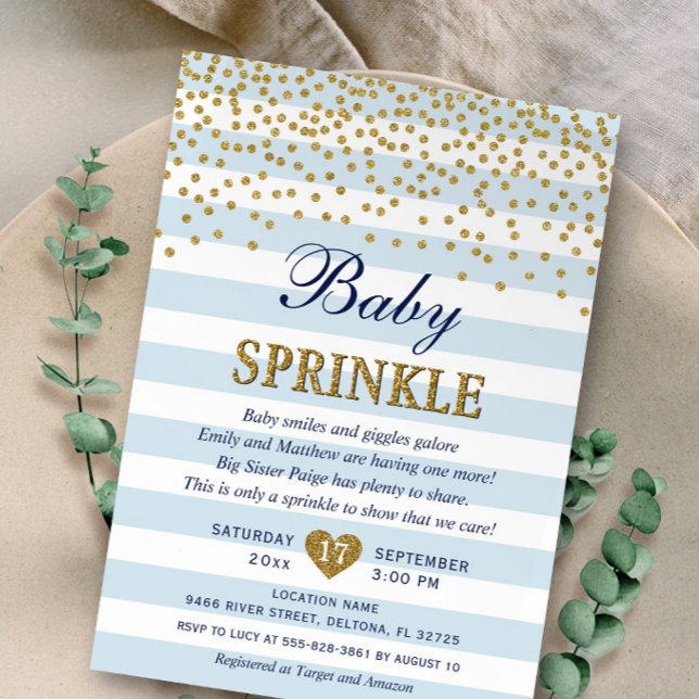 Invitation Bleu clair Stripe d'or Confetti Baby Boy Sprinkl (Créateur téléchargé)