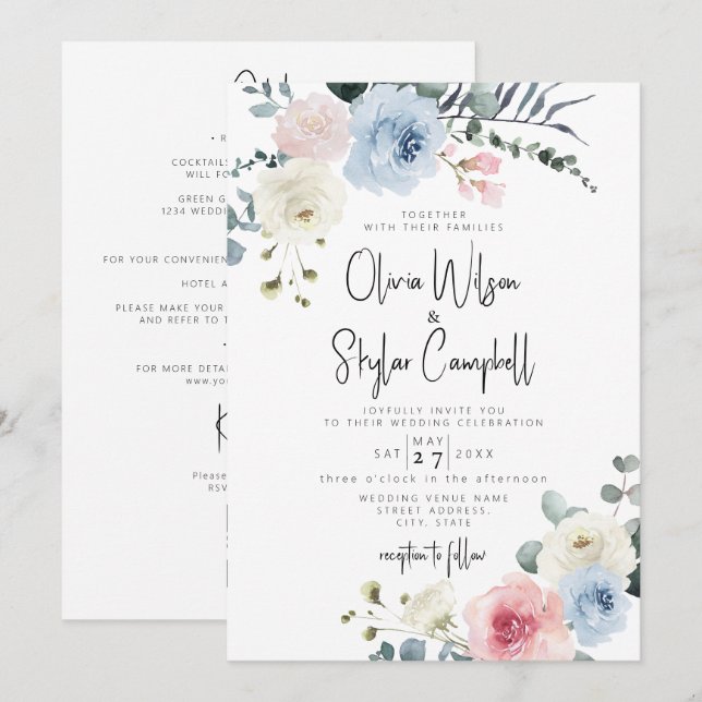 Invitation Bleu clair Tropical QR tout en un Mariage (Devant / Derrière)