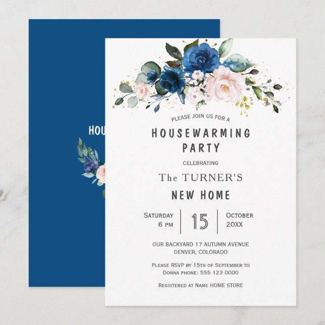 Invitation Bleu classique Bleu Bleu Floral Fête de Ménage (Devant / Derrière)