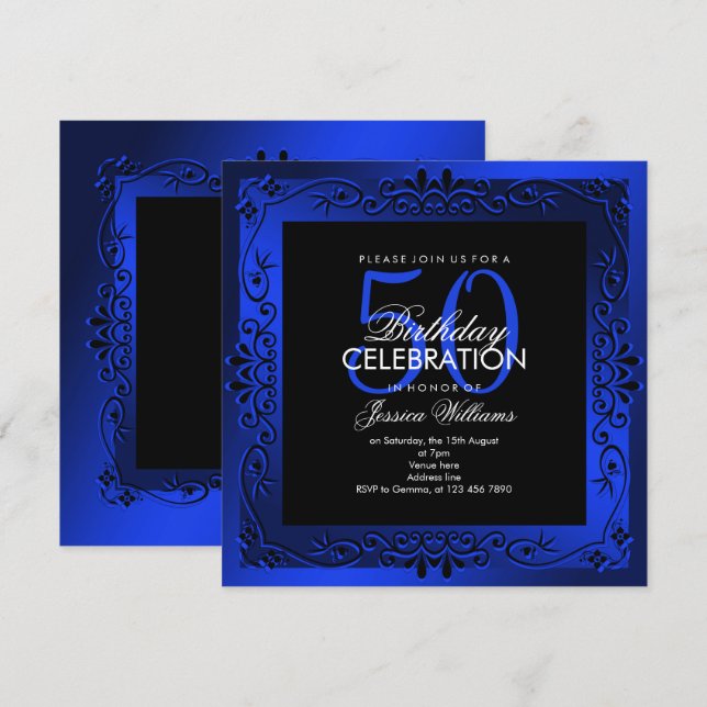 Invitation Bleu Classique Décoratif encadré 50e anniversaire (Devant / Derrière)