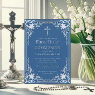 Invitation Bleu Classique Fausse Croix Argentée Garçon Premiè