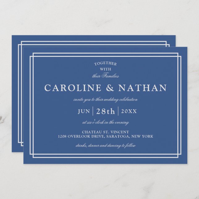 Invitation Bleu classique Mariage simple élégant (Devant / Derrière)