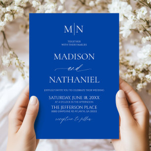 Invitation Bleu Cobalt Élégant Minimaliste Initial Mariage