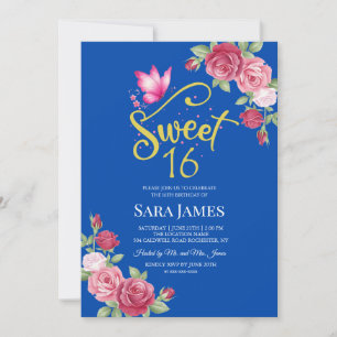 Invitation Bleu Cobalt et Rose Floral Sweet 16 Anniversaire