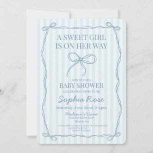 Invitation Bleu Coquette Bow Pastel Baby shower rayé