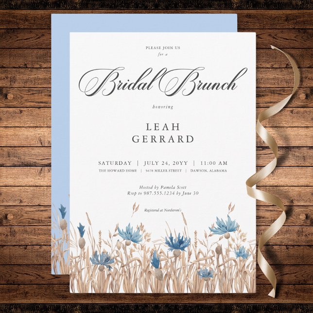 Invitation Bleu Cornflowers & Blé Field Bridal Brunch (Blue Cornflowers & Wheat Field Bridal Brunch Invitation)