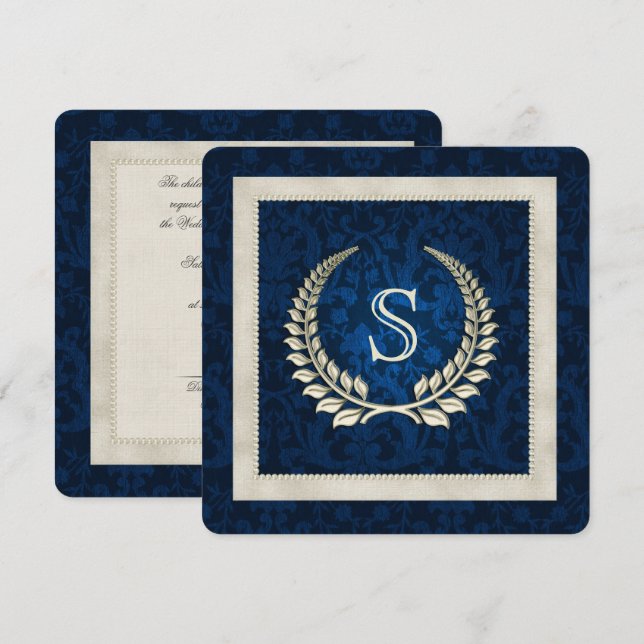 Invitation Bleu damas et perles Renouvellement du voeu mariag (Devant / Derrière)