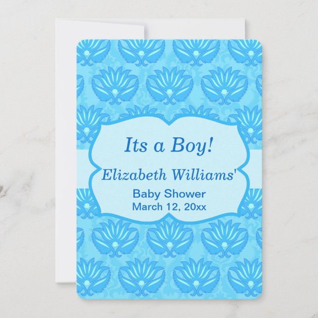 Invitation Bleu Damask Baby Boy Douche personnalisée Invitati (Devant)