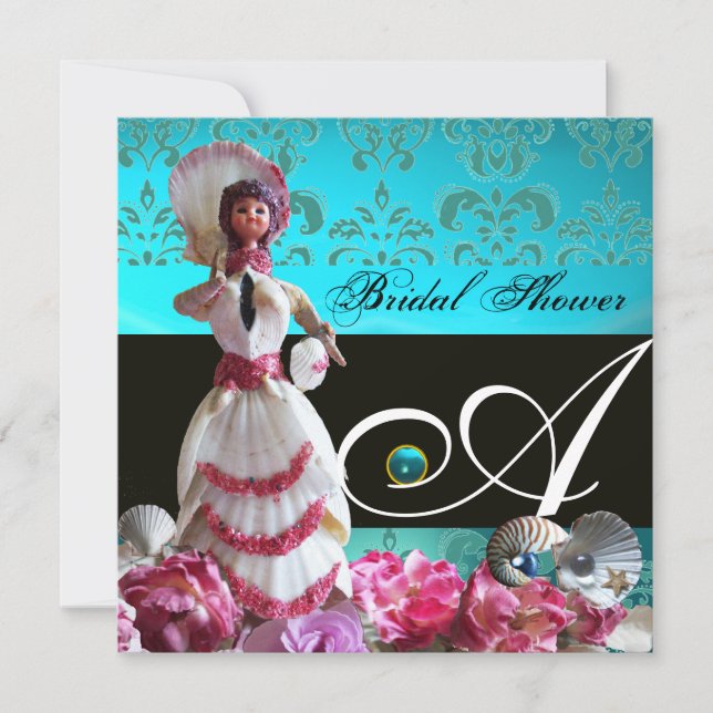 INVITATION BLEU DAMASK BEACH MARIAGE - MONOGRAM FÊTE DES MARI (Devant)