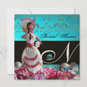 INVITATION BLEU DAMASK BEACH MARIAGE - MONOGRAM FÊTE DES MARI