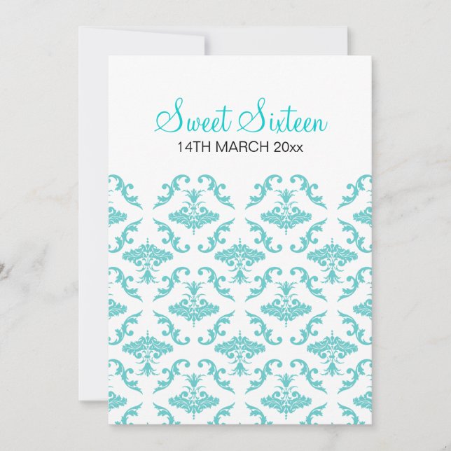 Invitation Bleu damassé Sweet sixteen (Devant)