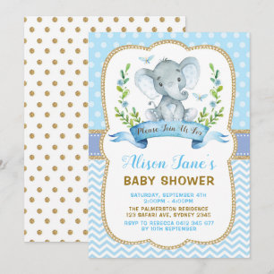 Invitation Bleu de baby shower d'éléphant de garçon et