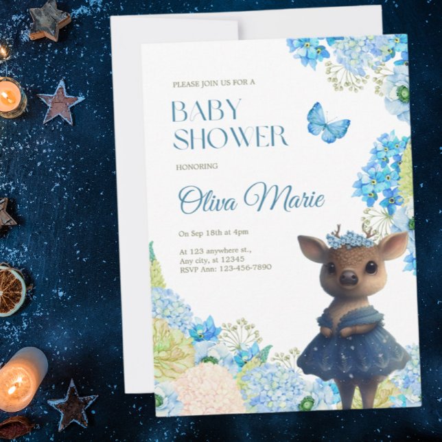 Invitation Bleu de cerf Baby shower floral (Créateur téléchargé)