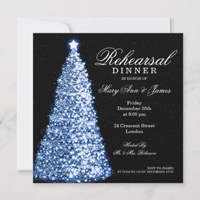 Invitation Bleu de dîner de répétition de mariage de Noël (Devant)