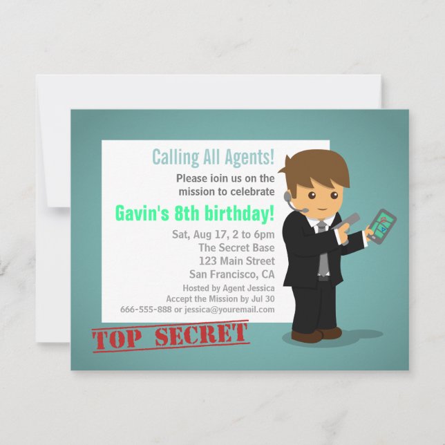 Invitation Bleu de fête d'anniversaire d'agent secret (Devant)