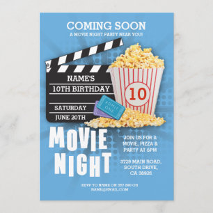 Invitation bleu de fête d'anniversaire de cinéma