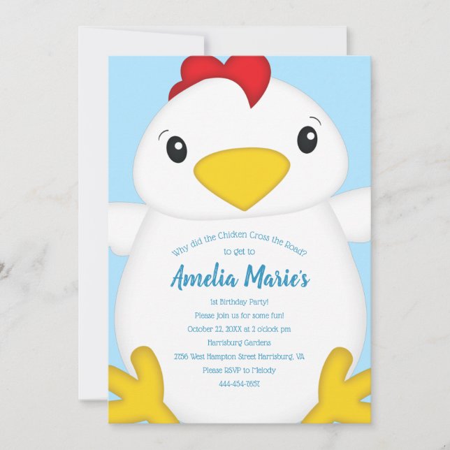 Invitation Bleu de fête d'anniversaire de poulet (Devant)