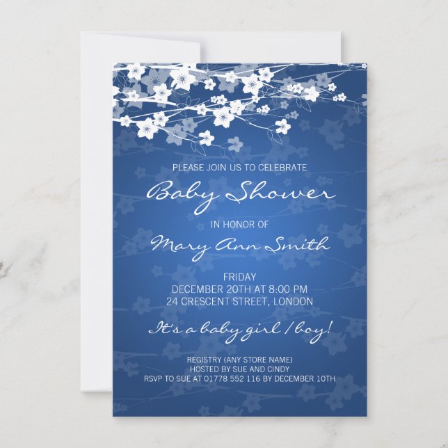 Invitation Bleu de fleurs de cerisiers de 4,5 x 6,25 Baby sho (Devant)