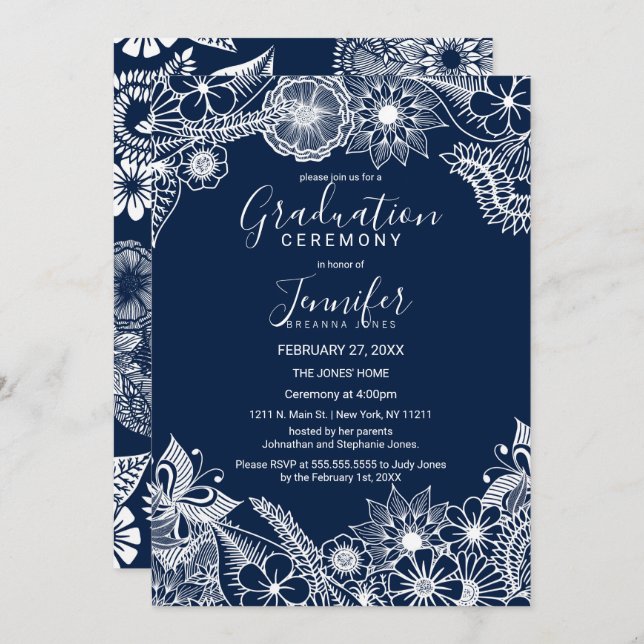 Invitation Bleu de la Marine blanche Illustrative Florals Gra (Devant / Derrière)