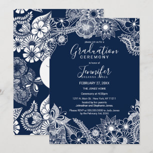 Invitation Bleu de la Marine blanche Illustrative Florals Gra