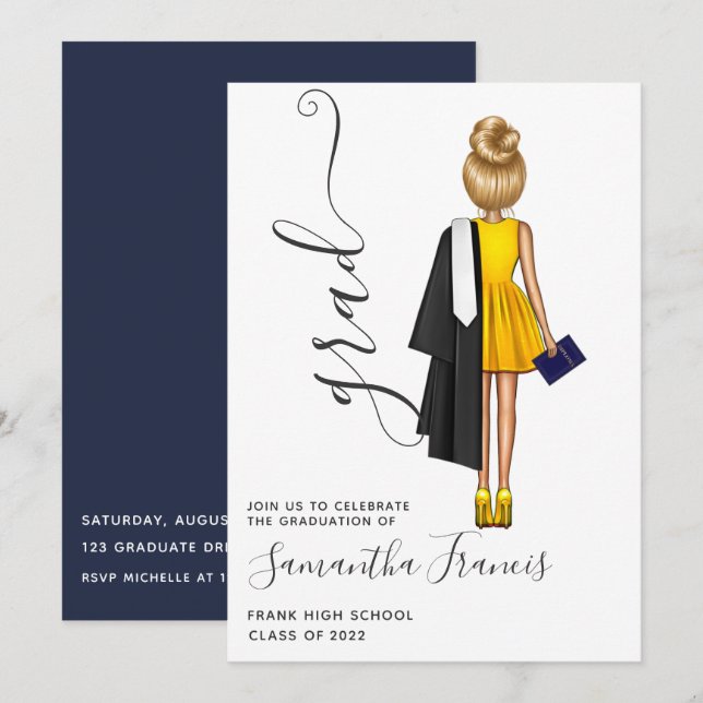 Invitation Bleu de la Marine et Gold Girl Graduation Party (Devant / Derrière)