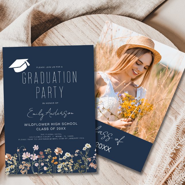 Invitation Bleu de la marine Fleur sauvage de la fête de grad (Créateur téléchargé)