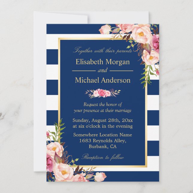 Invitation Bleu de la marine rayures florales | Mariage forme (Devant)