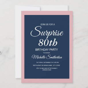 Invitation Bleu de la Marine rose Surprise 80e anniversaire I