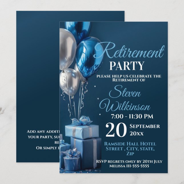 Invitation Bleu de la partie de retraite cadeaux de ballon (Devant / Derrière)