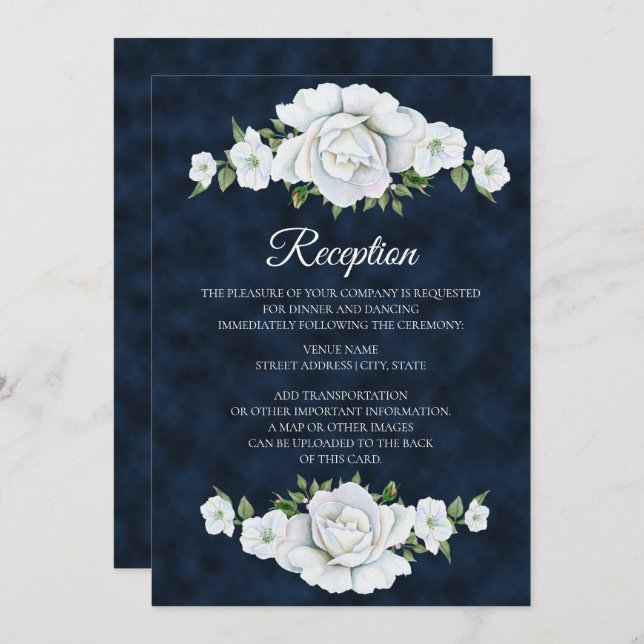Invitation Bleu de marine avec réception de mariage floral bl (Devant / Derrière)