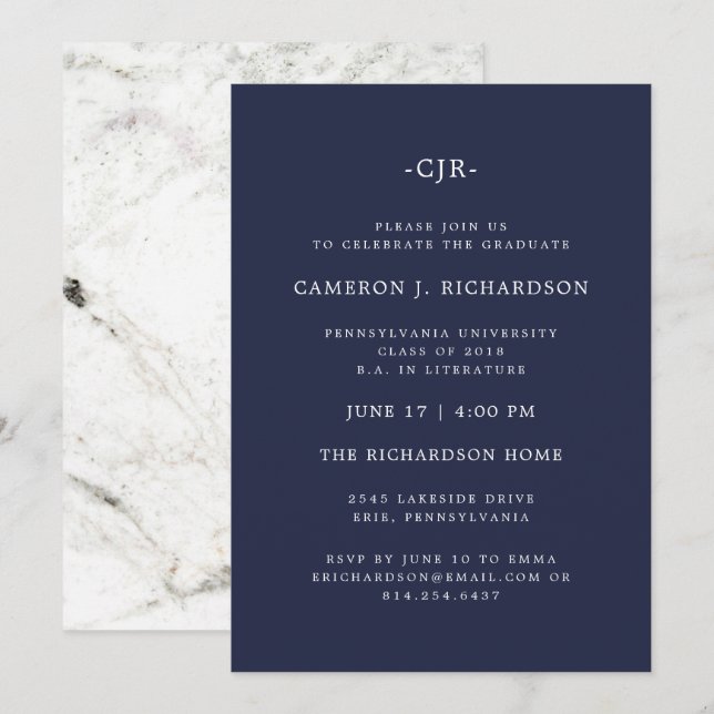 Invitation Bleu de marine classique et marbre | Fête de l'obt (Devant / Derrière)