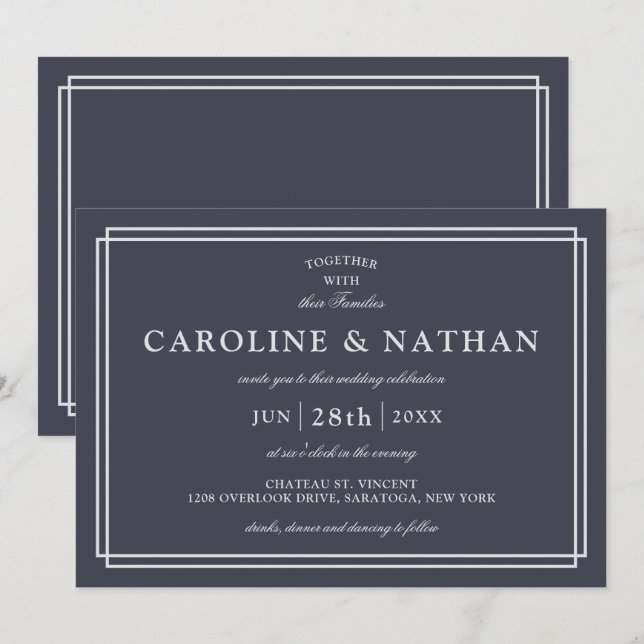 Invitation Bleu de marine classique Mariage simple et élégant (Devant / Derrière)