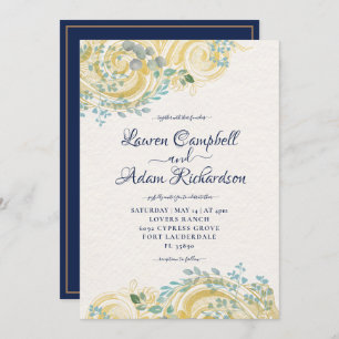 Invitation Bleu de marine dorée et feuillage de crème