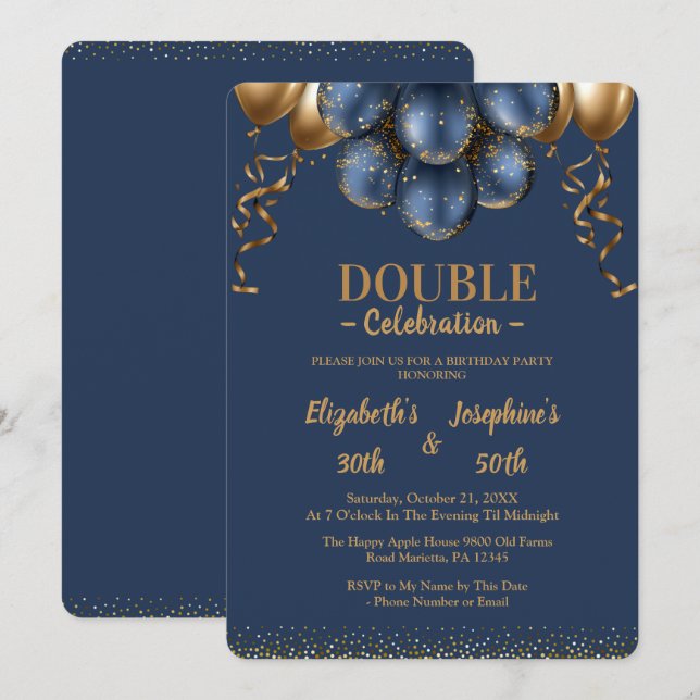 Invitation Bleu de marine et ballons d'or double anniversaire (Devant / Derrière)