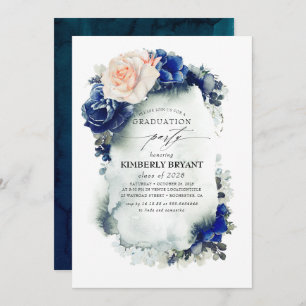 Invitation Bleu de marine et pêche Floral Vintage Graduation