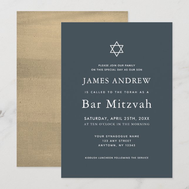 Invitation Bleu de marine minimaliste et barre d'or Mitzvah (Devant / Derrière)