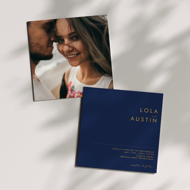 Invitation Bleu de marine moderne | Mariage Carré Gold Photo (Créateur téléchargé)