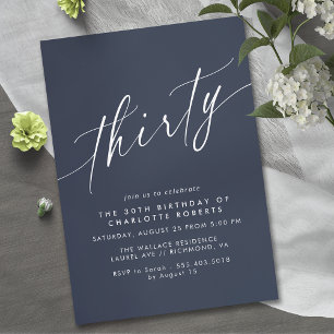 Invitation Bleu de marine moderne   Script simple 30e anniver