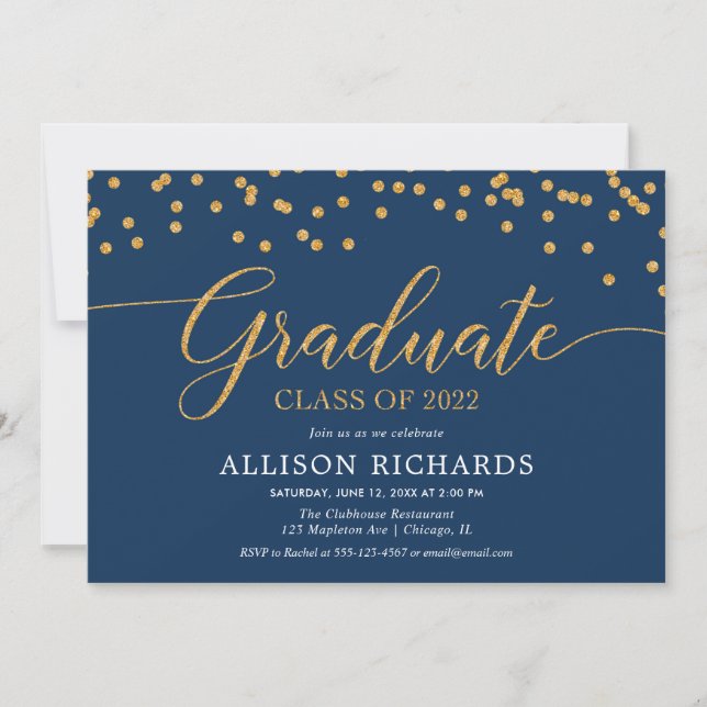 Invitation Bleu de marine or élégant confetti fête de graduat (Devant)
