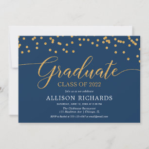 Invitation Bleu de marine or élégant confetti fête de graduat