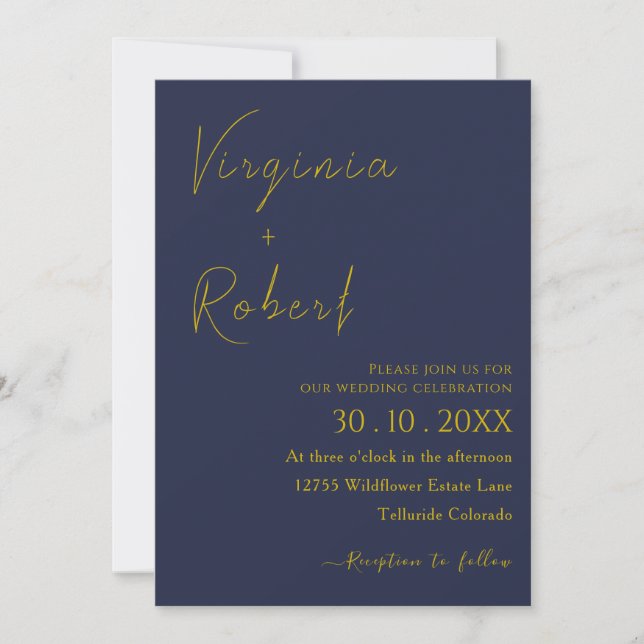 Invitation Bleu de marine romantique | Mariage de script mini (Devant)