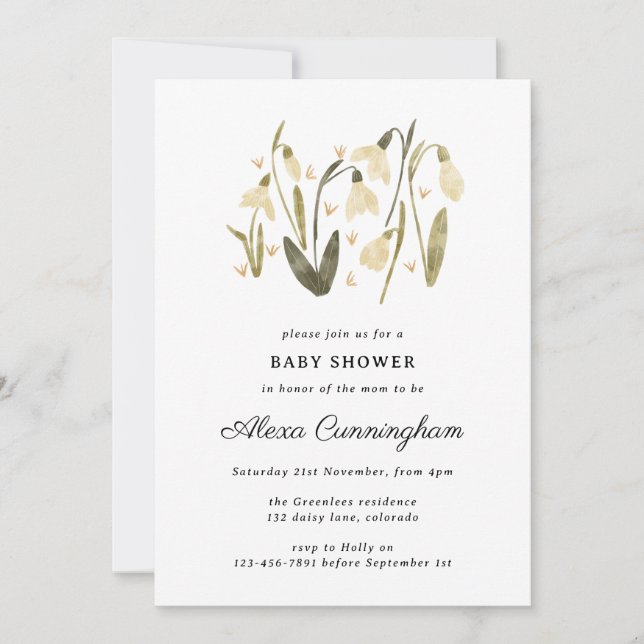 Invitation Bleu de neige neutre floral beau baby shower (Devant)