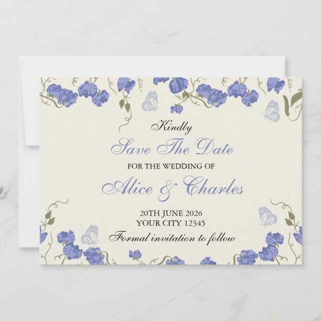 Invitation Bleu de pois doux et crème Sauvez la date (Devant)