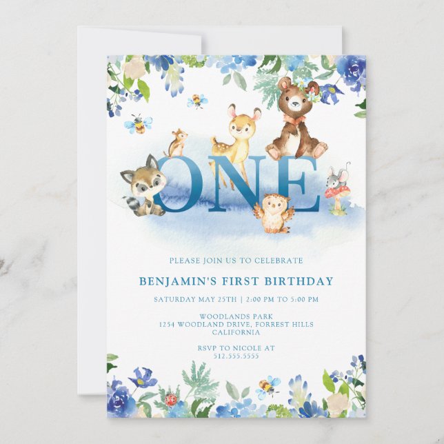 Invitation Bleu de Woodland 1er anniversaire (Devant)