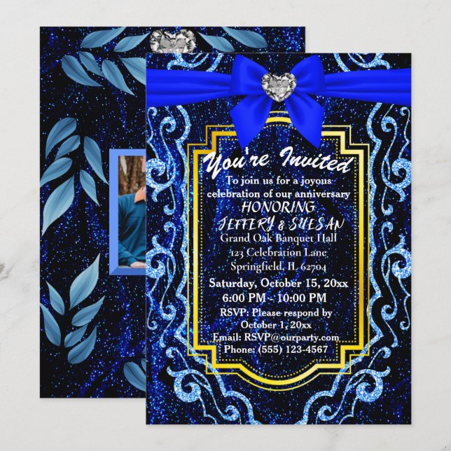 Invitation Bleu Dentelle Moderne Tendance Bohème Élégant Anni (Devant / Derrière)