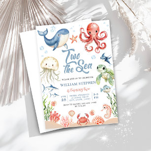 Invitation Bleu Deux Anniversaire 2 Ans Animaux de la Mer Océ