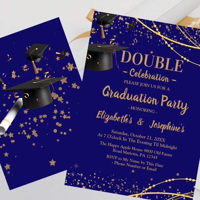 Invitation Bleu Deux diplômés Double Graduation Party 2025 (Créateur téléchargé)