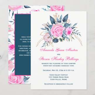 Invitation Bleu d'Indigo avec ses roses roses roses Faire-par