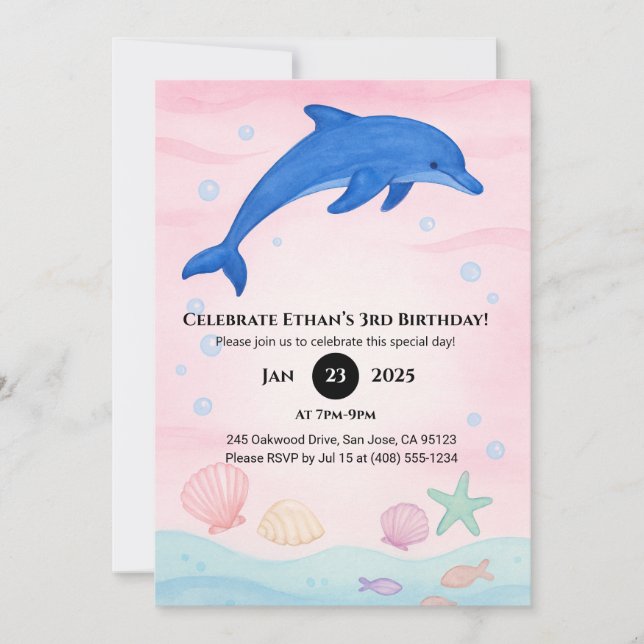 Invitation Bleu Dolphin Océan Anniversaire (Devant)